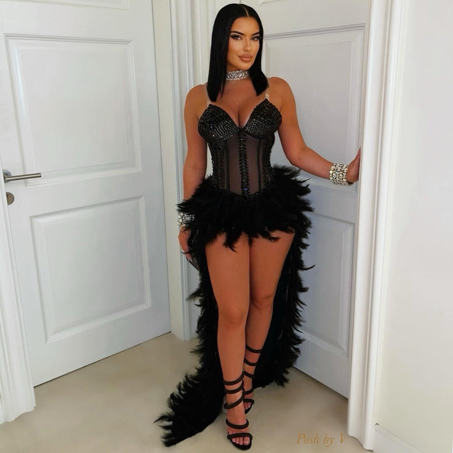Tusci corset crystal feather dress (Black)
