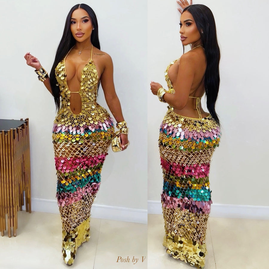 Ezique mermaid dress (Gold Multi)