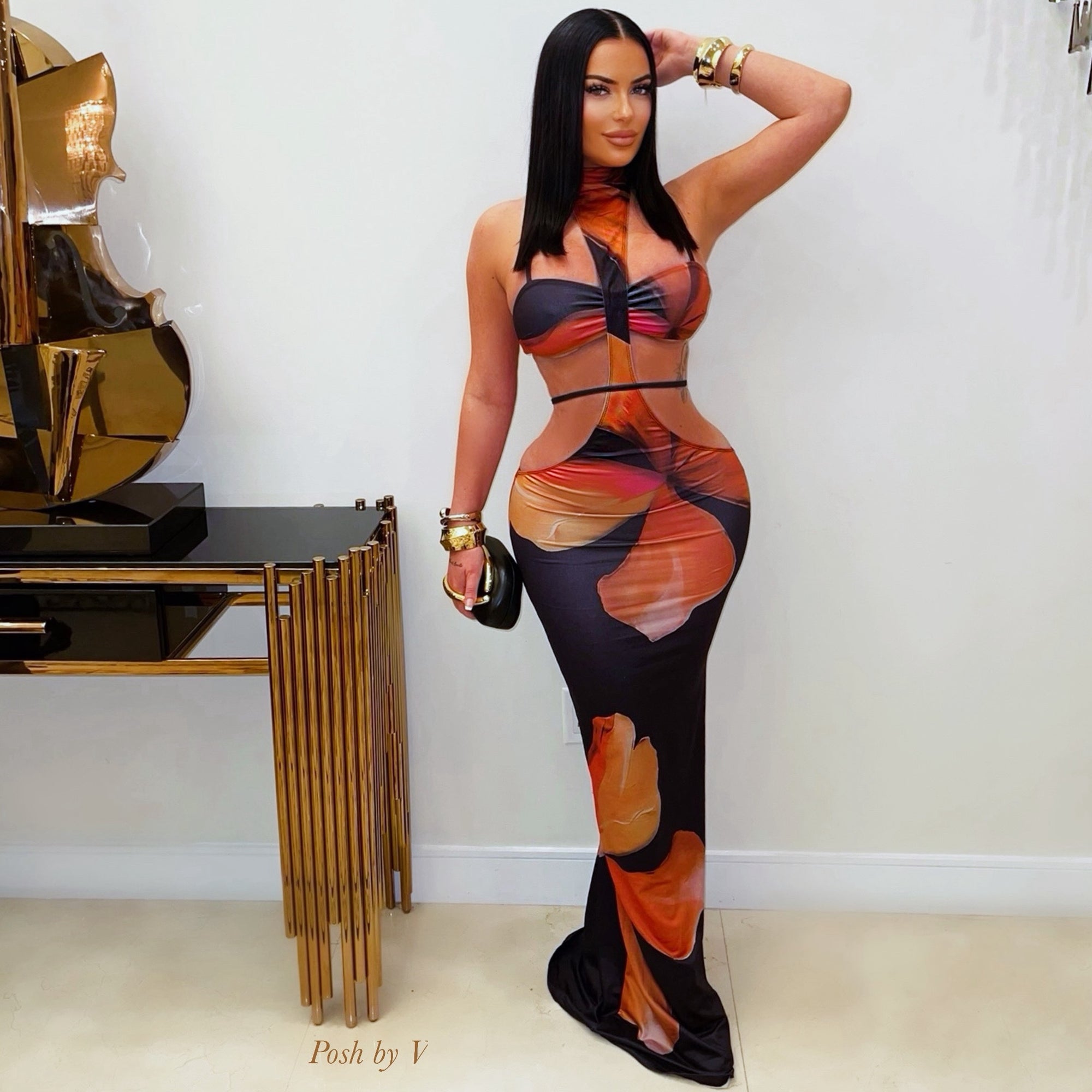 Asara flower maxi dress (Orange/black)