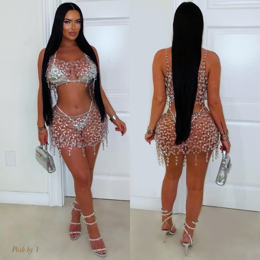 Crystal drip skirt set (Clear/Silver)