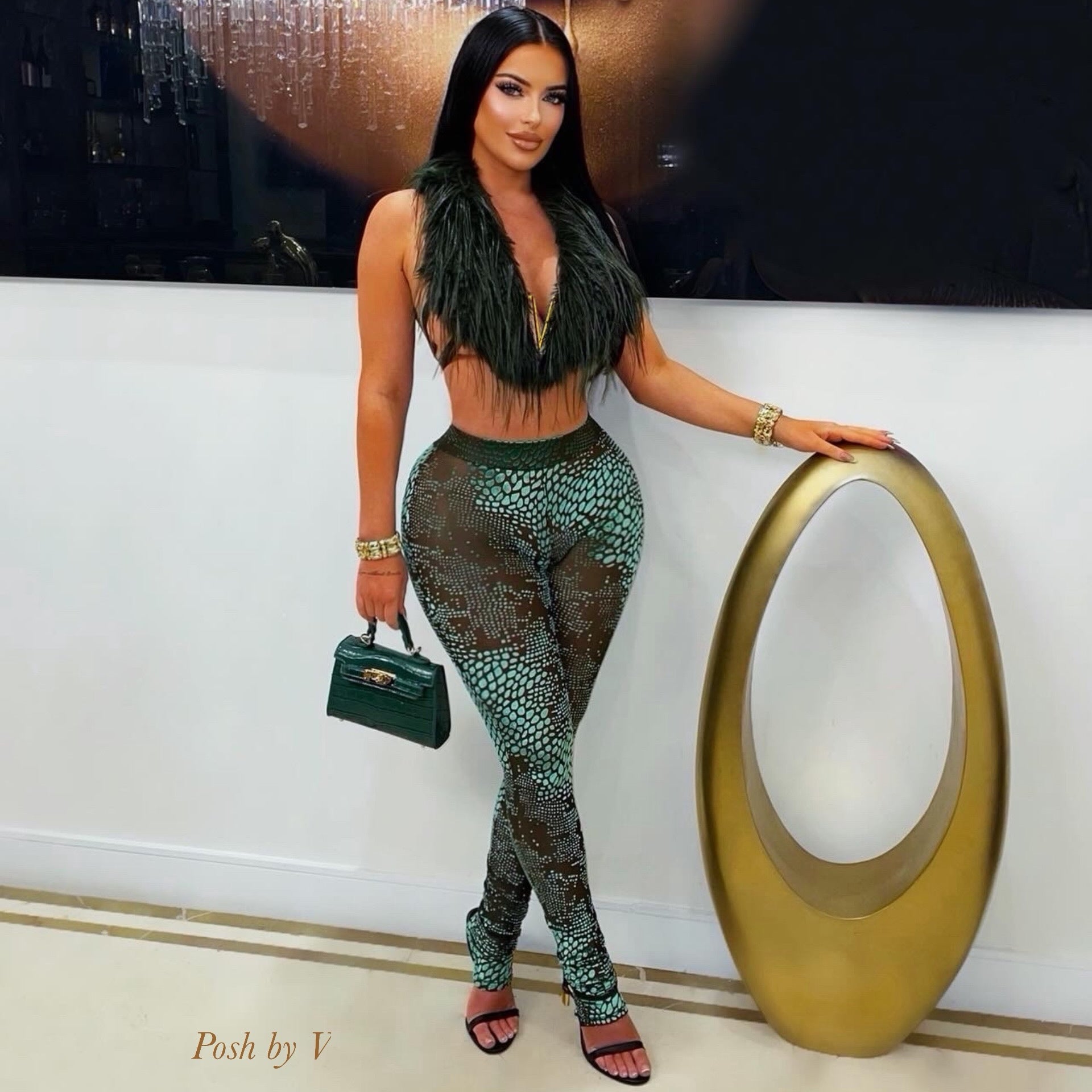 V croc fur leggings set (Olive/gold)