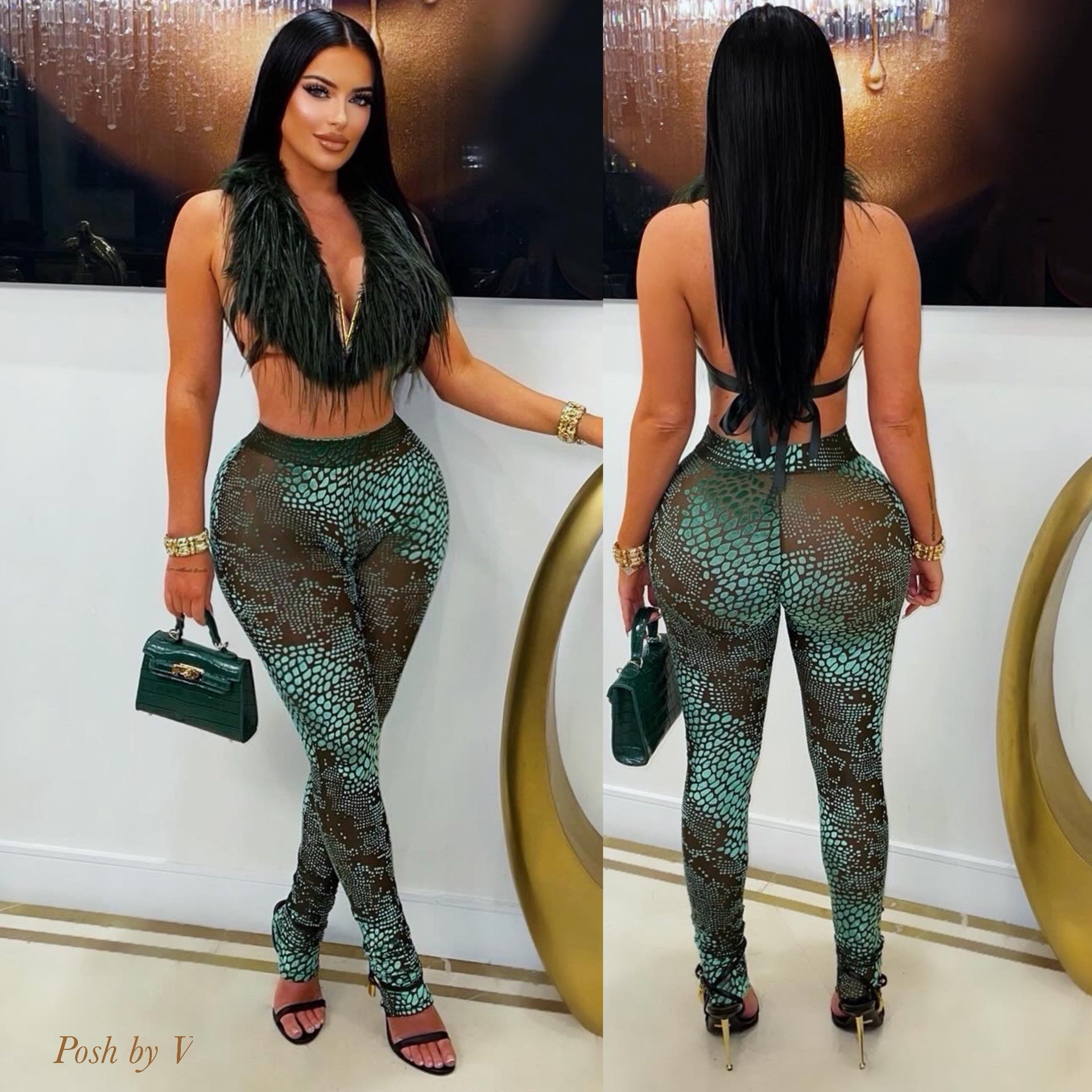 V croc fur leggings set (Olive/gold)