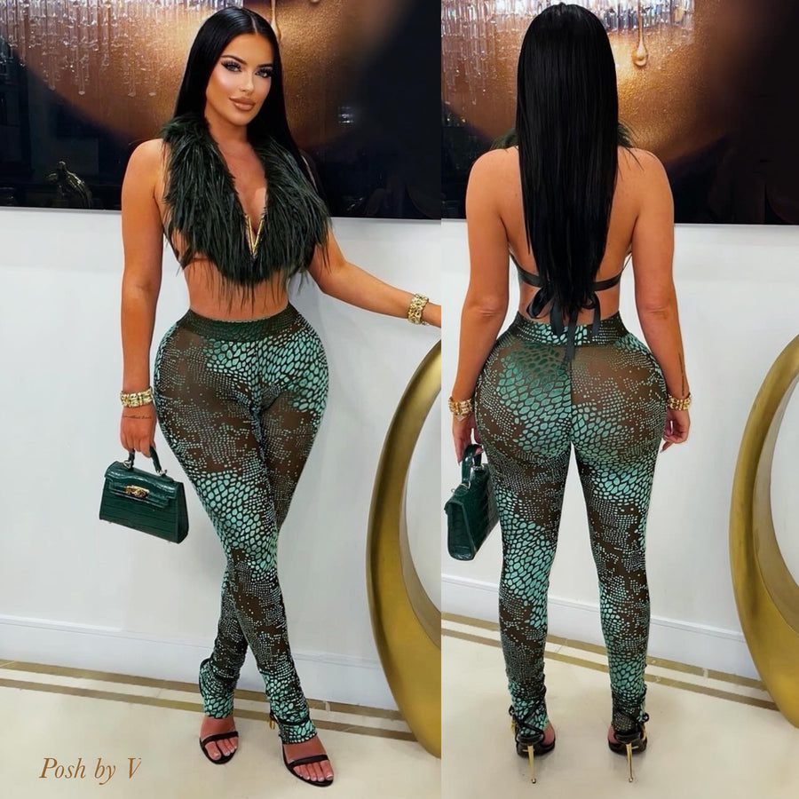 V croc fur leggings set (Olive/gold)