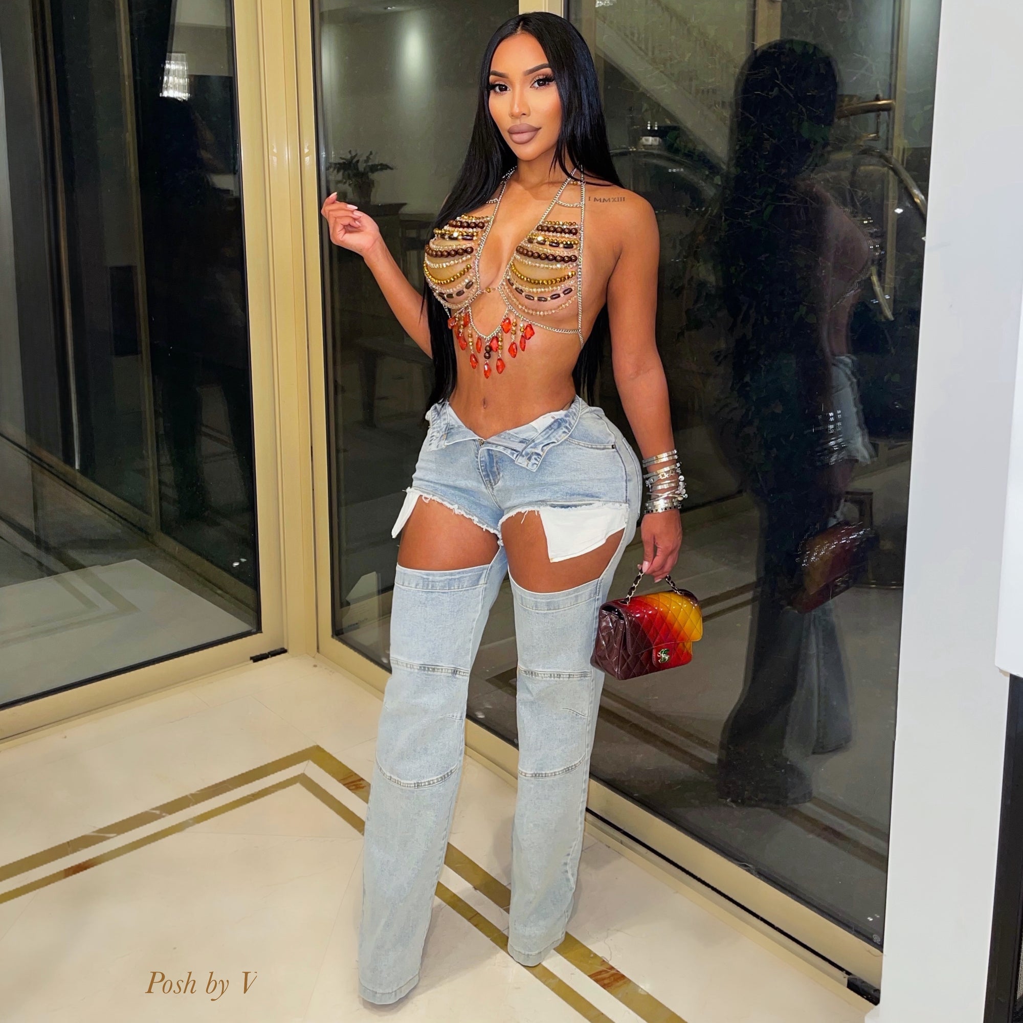 Bria beaded top (Red/brown/silver)