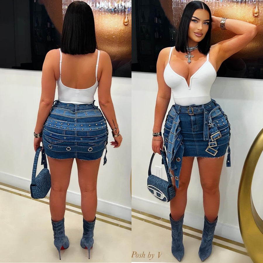 City belted denim skirt (Blue)