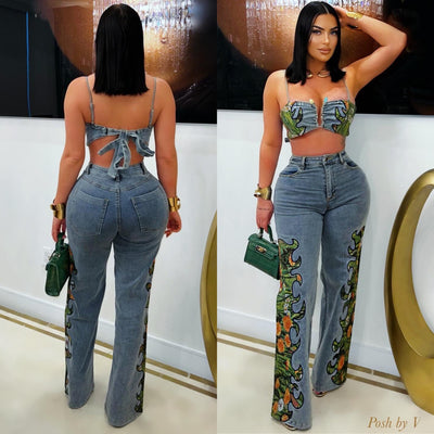 Zen denim pants set (Blue/green)