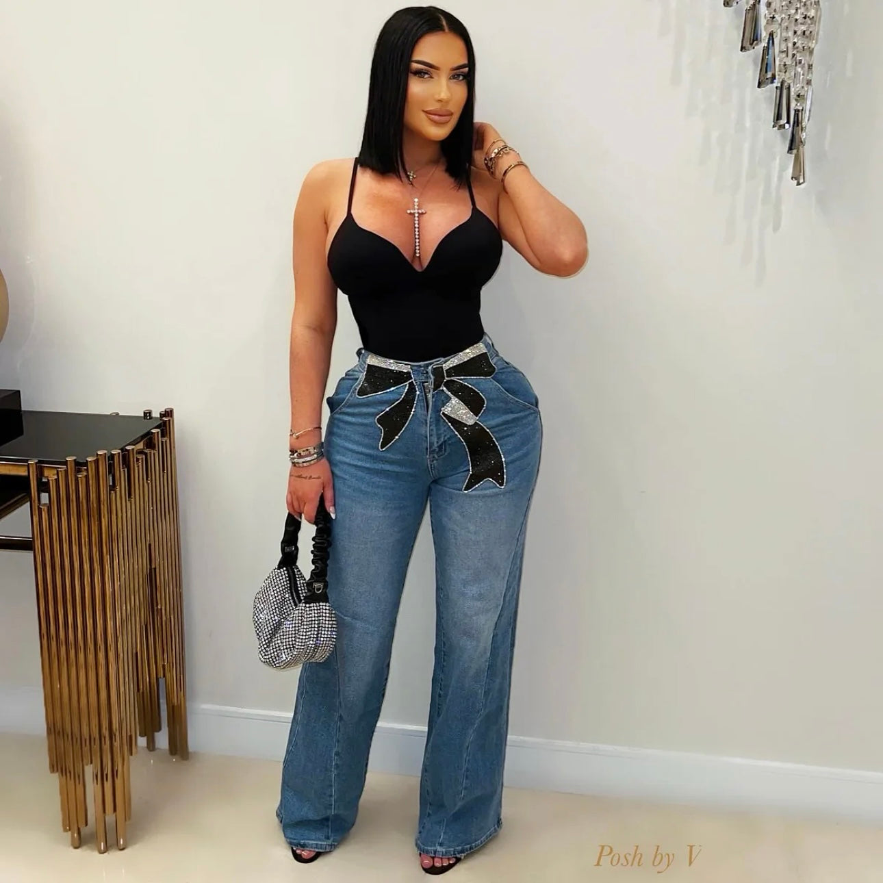 Bow crystal  jeans (Blue/black/silver)