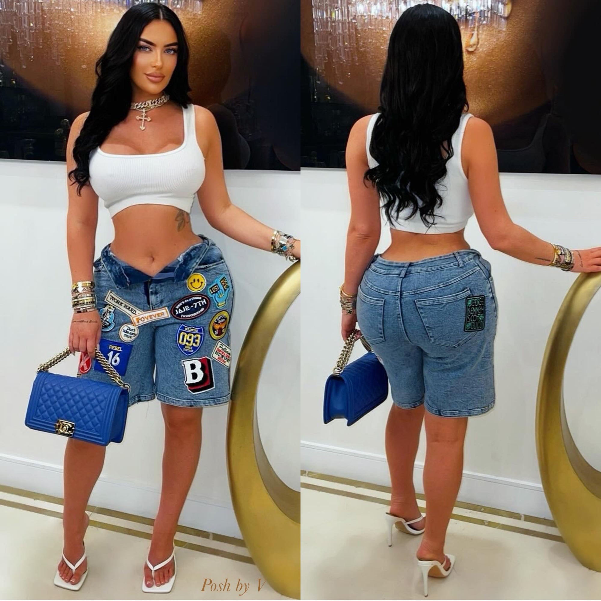 Forever patch denim shorts (Blue multi)