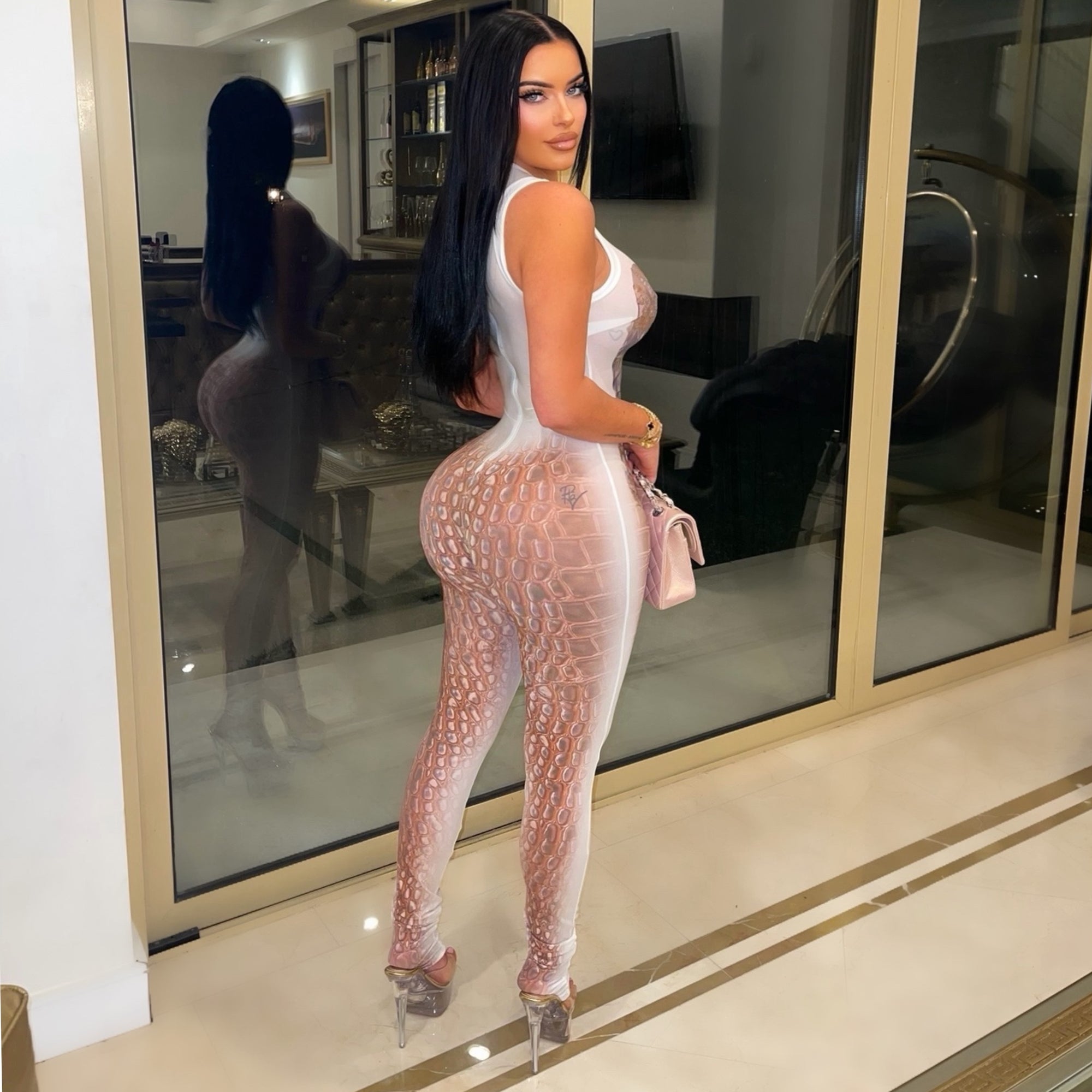 Posh croc body jumpsuit (White/brown)