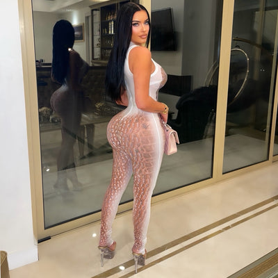 Posh croc body jumpsuit (White/brown)