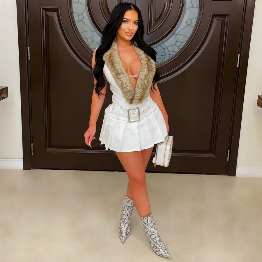 Tumi denim mini dress w/fur (White/nude)