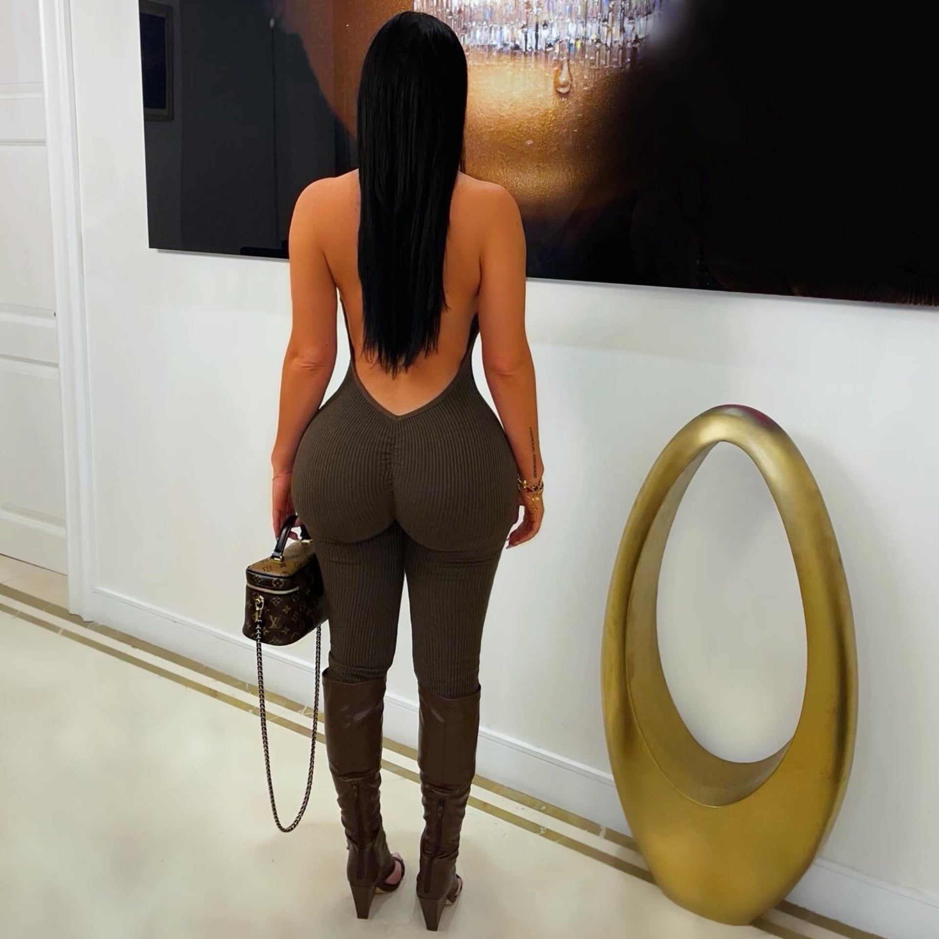 Pure rib jumpsuit (Brown)