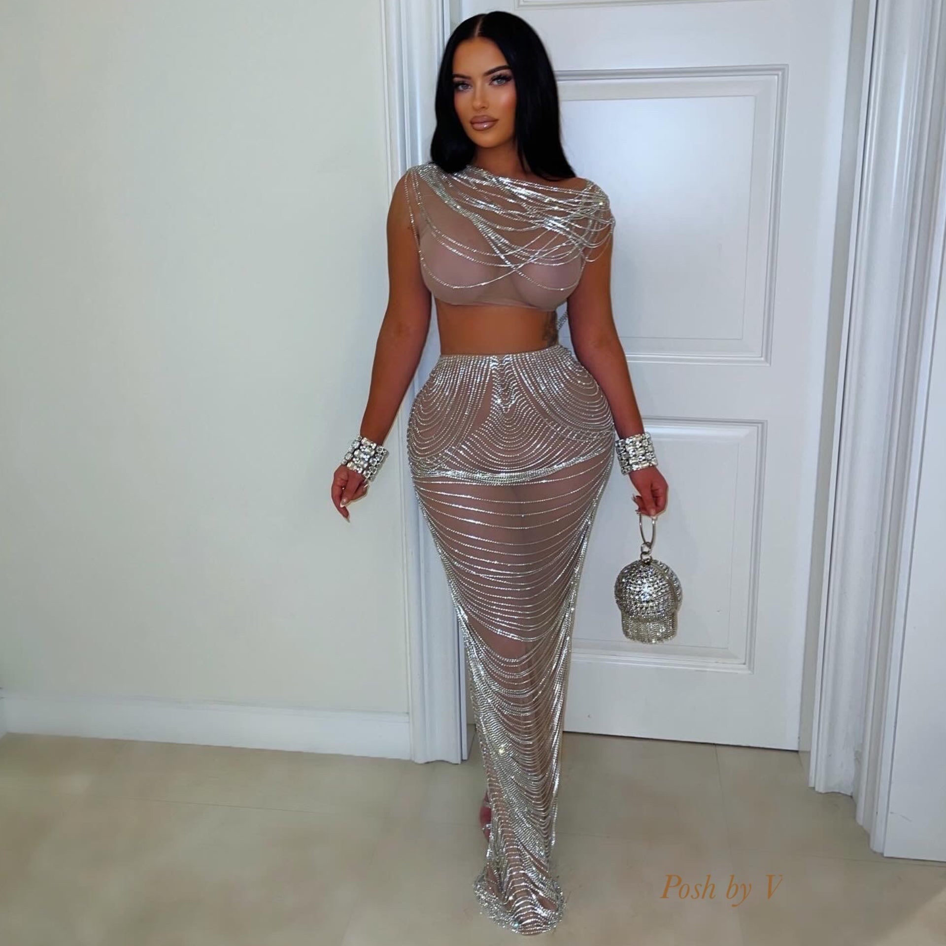 Euphoria crystal chain skirt set (Nude/Silver)