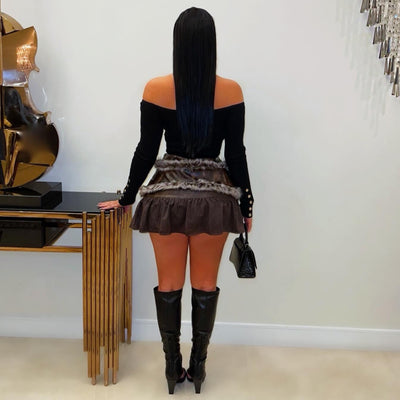 Koko skater skirt w/fur belt (Brown)