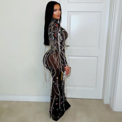 Luxe charm crystal chain dress (Black/multi)