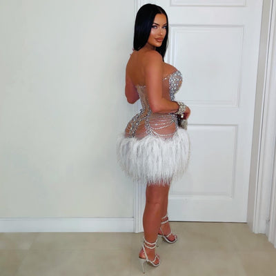 Luxe crystal corset fringe dress (Nude/white)