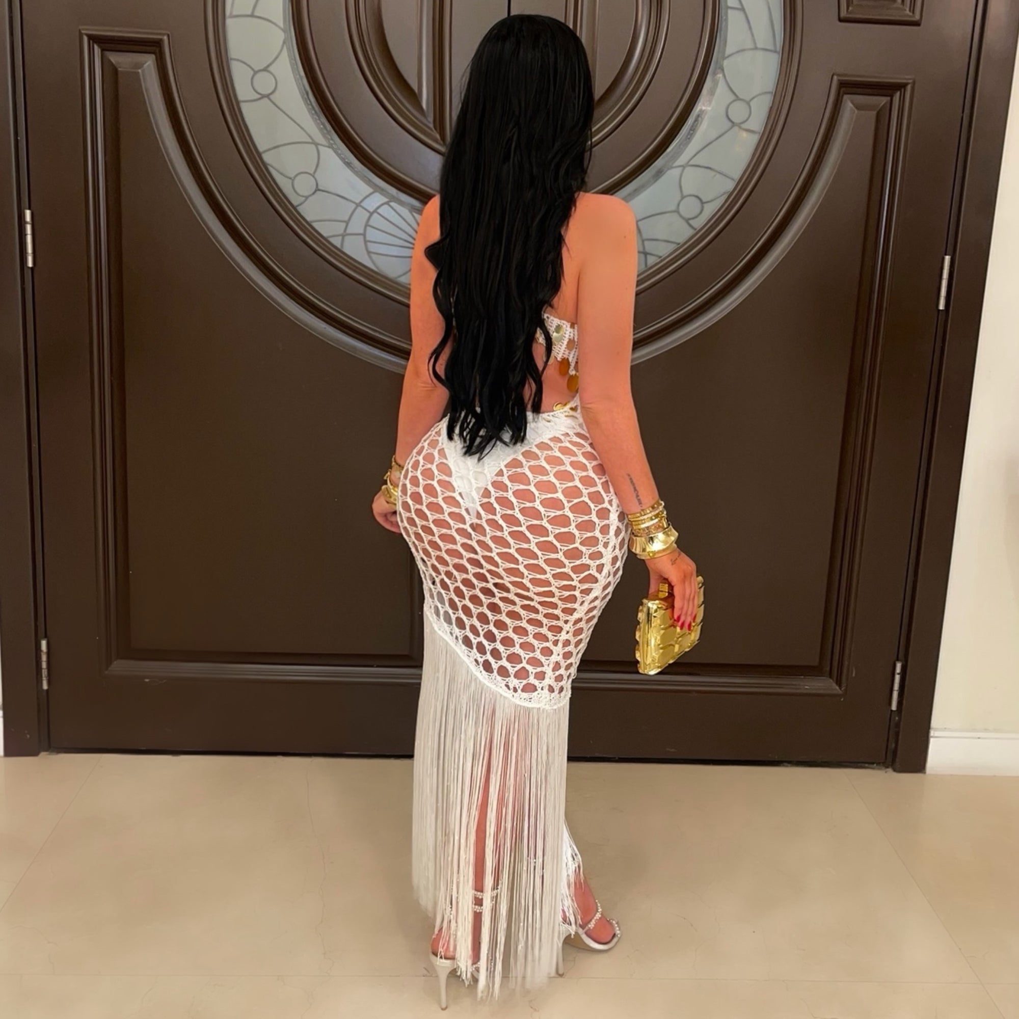 Tulum crochet fringe dress (White/gold)