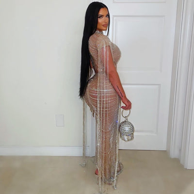 Luxure crystal chain skirt set (Nude/Silver)