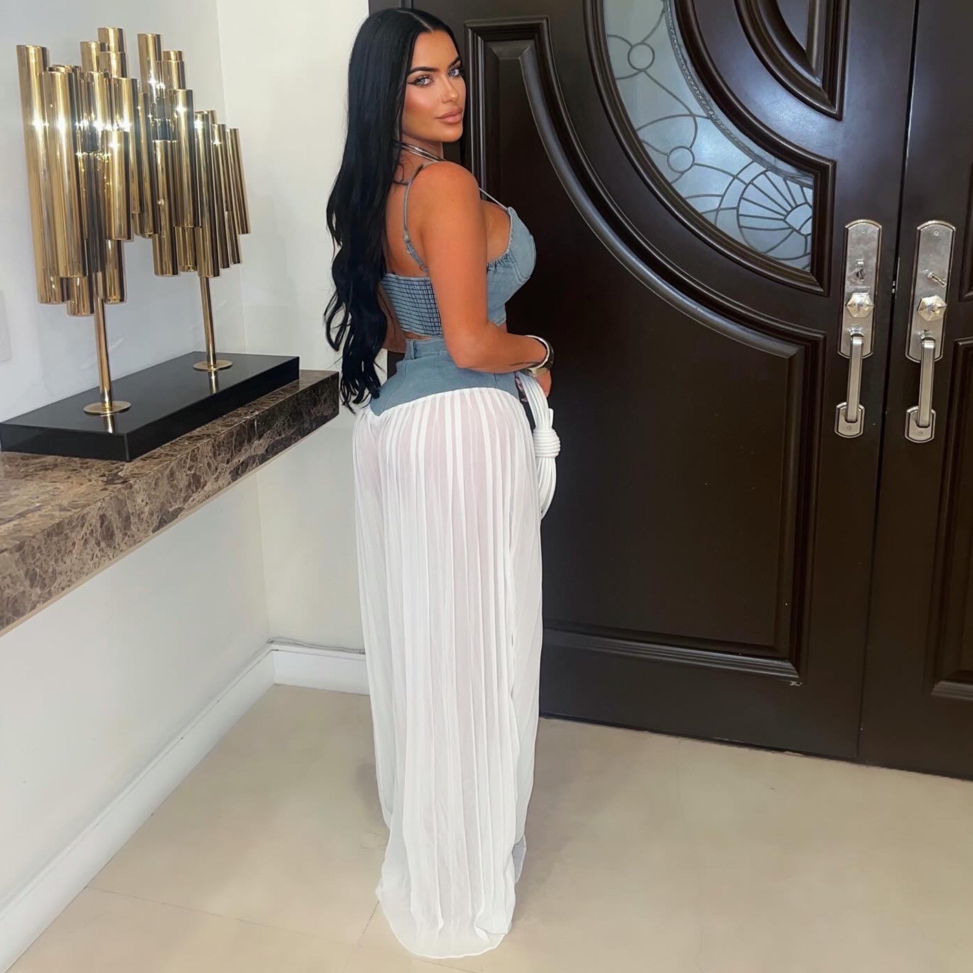 Sheer denim palazzo pants set (Blue/white)