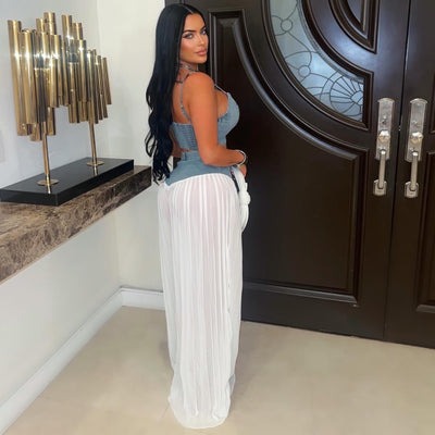 Sheer denim palazzo pants set (Blue/white)