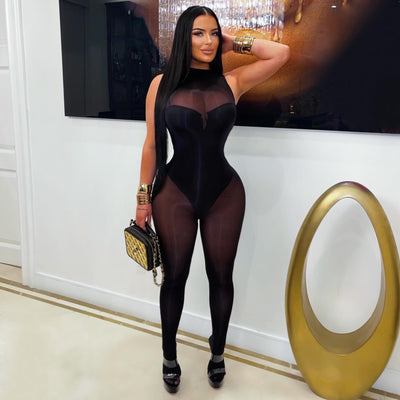 Body gloss sleeveless jumpsuit (Black)