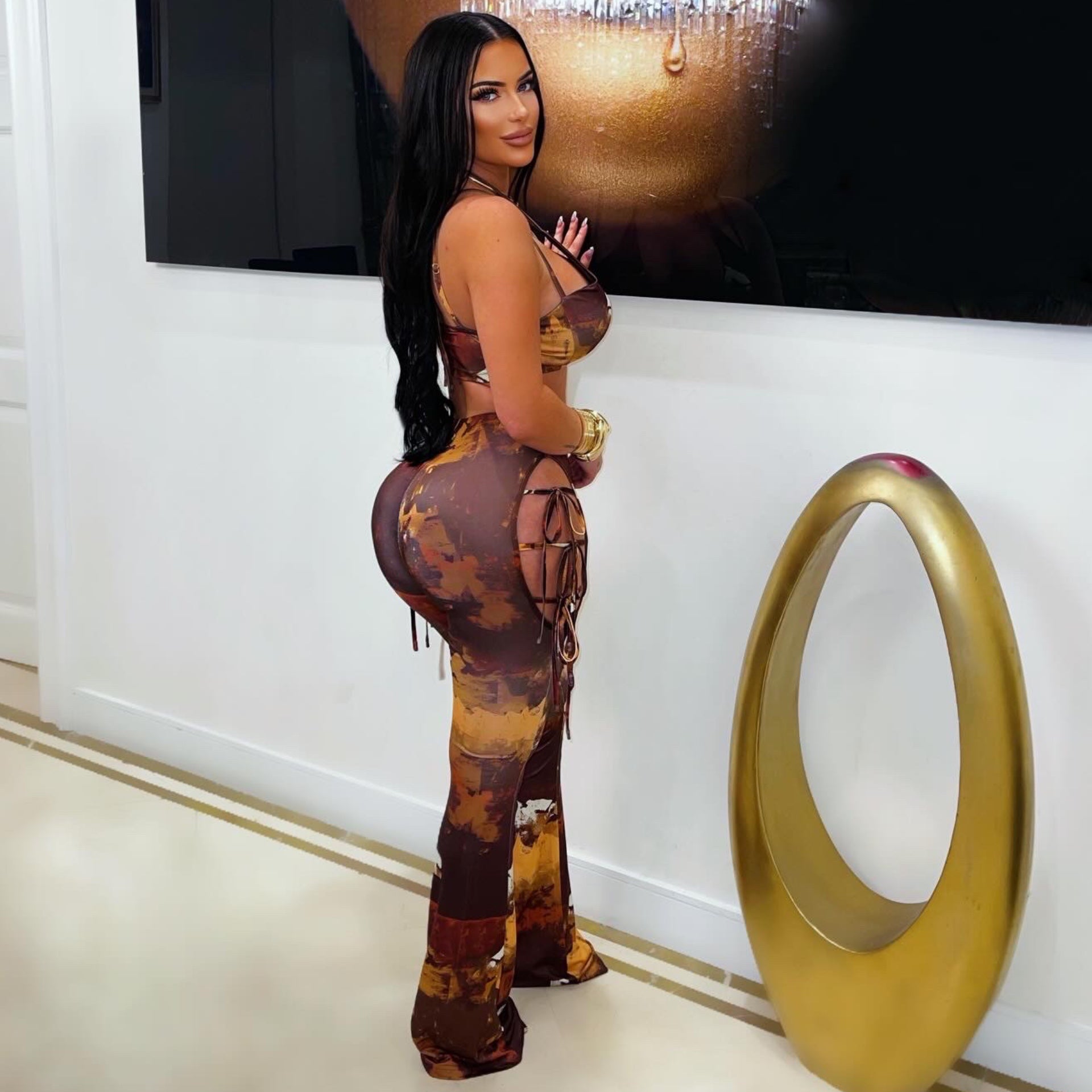 Nelle tied pants set (Brown multi)