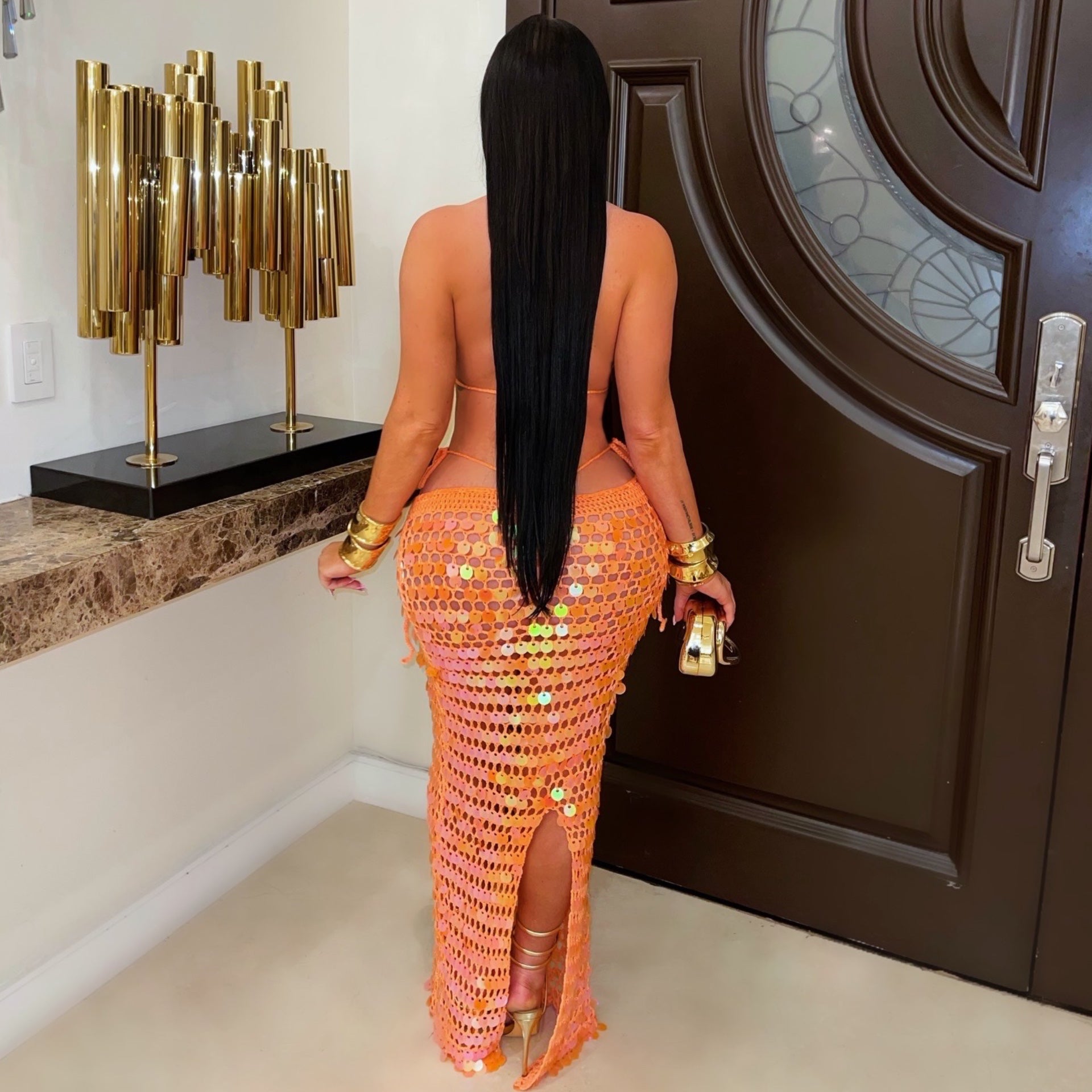 Trophy glam 3pcs bikini skirt set (Orange)