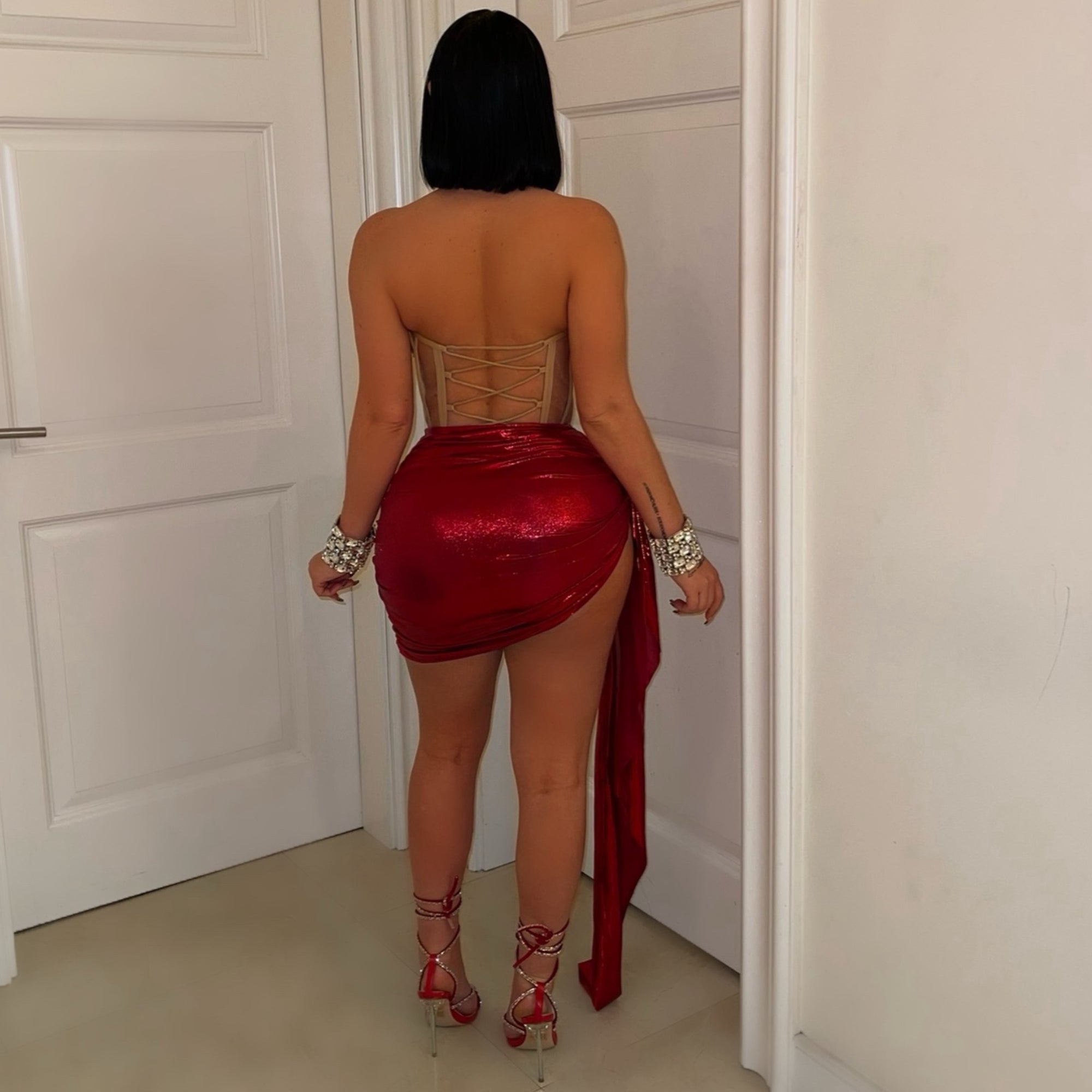 Rouge crystal heart corset set (Red)