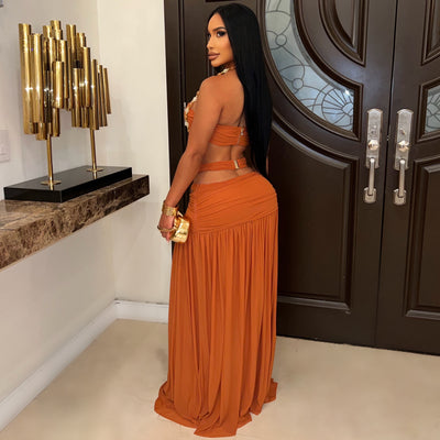 Soirée beaded maxi skirt set (Rust)