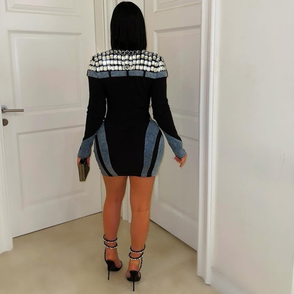 Crystal denim blazer dress (Black/blue) - Posh By V Crystal denim blazer dress (Black/blue) - Posh By V