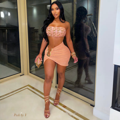Posh ruched crystal skirt set (Peach)