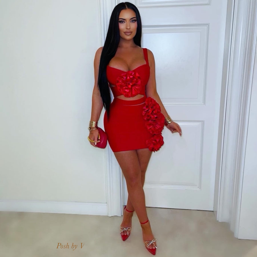 Red flower bandage dress (Red)