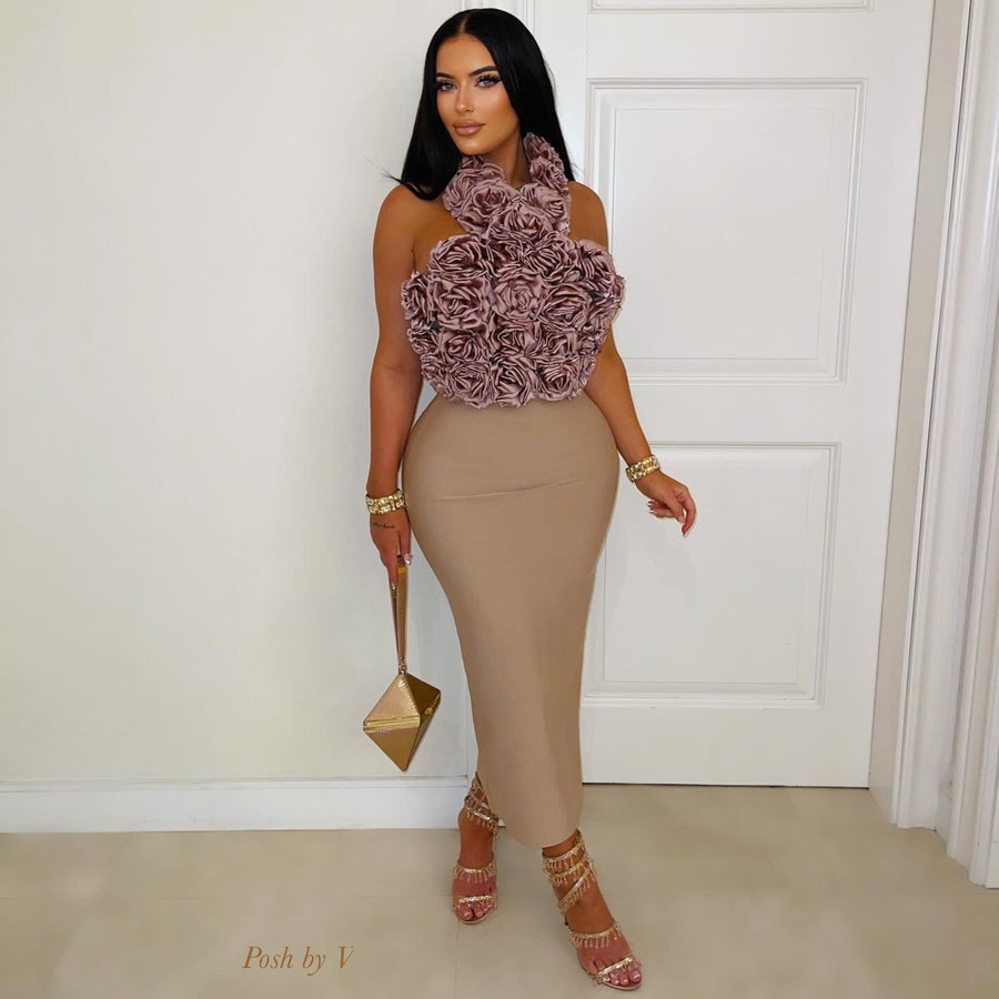 Roses bandage midi dress (Rose gold)