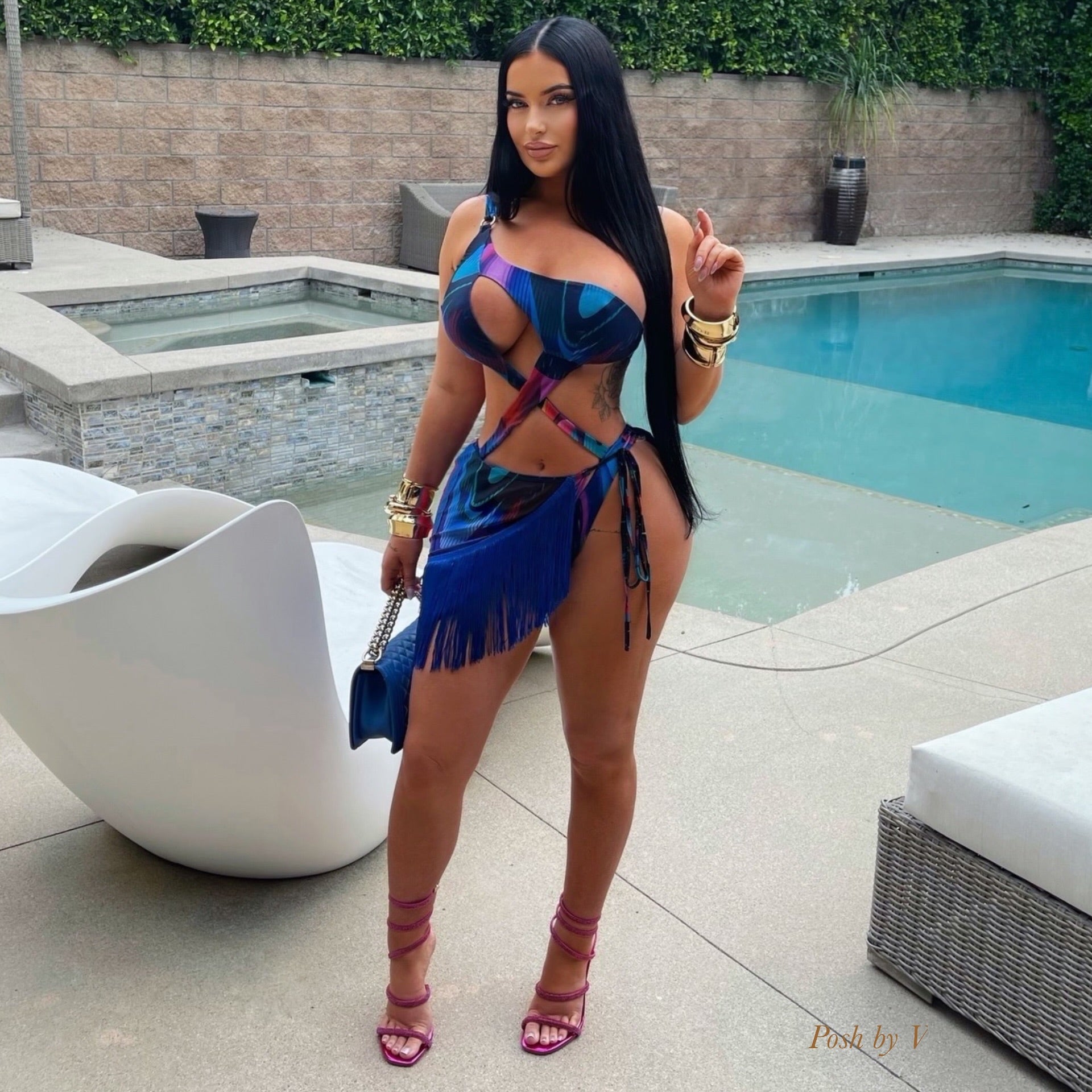 Caya monokini set w/fringe skirt (Blue multi)