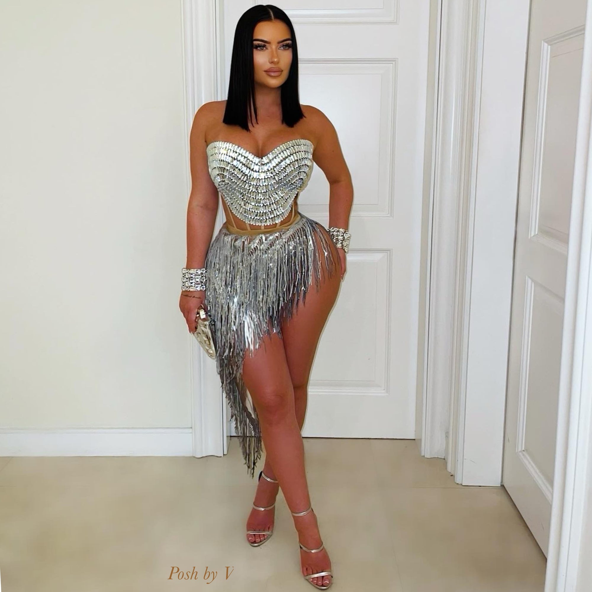 Lavish crystal corset skirt set (Silver/gray)