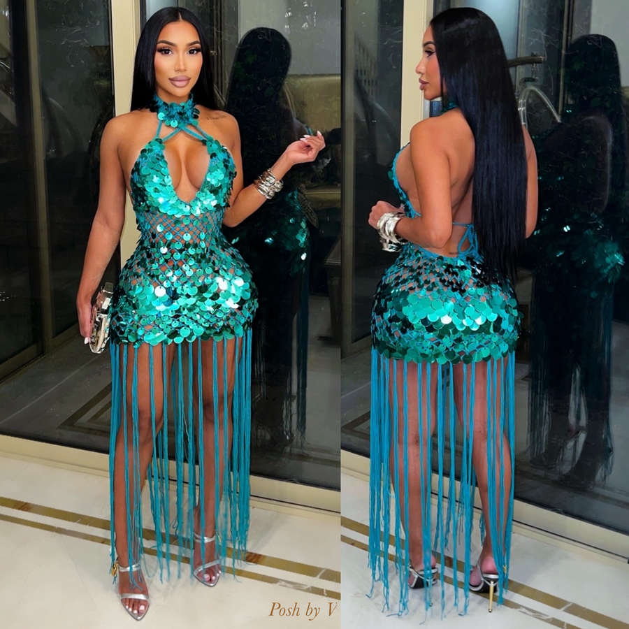 Leona fringe sequin dress (Teal)