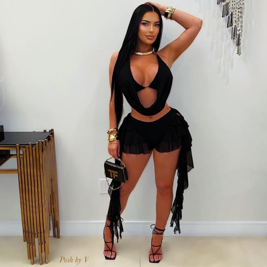 Rafie 3pcs ruffle shorts set (Black)