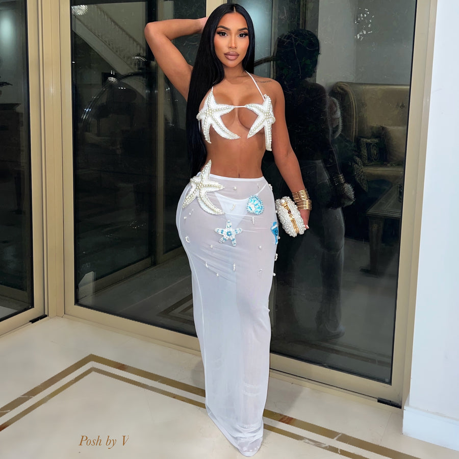 Sea Pearls 3pcs bikini skirt set (White/blue)