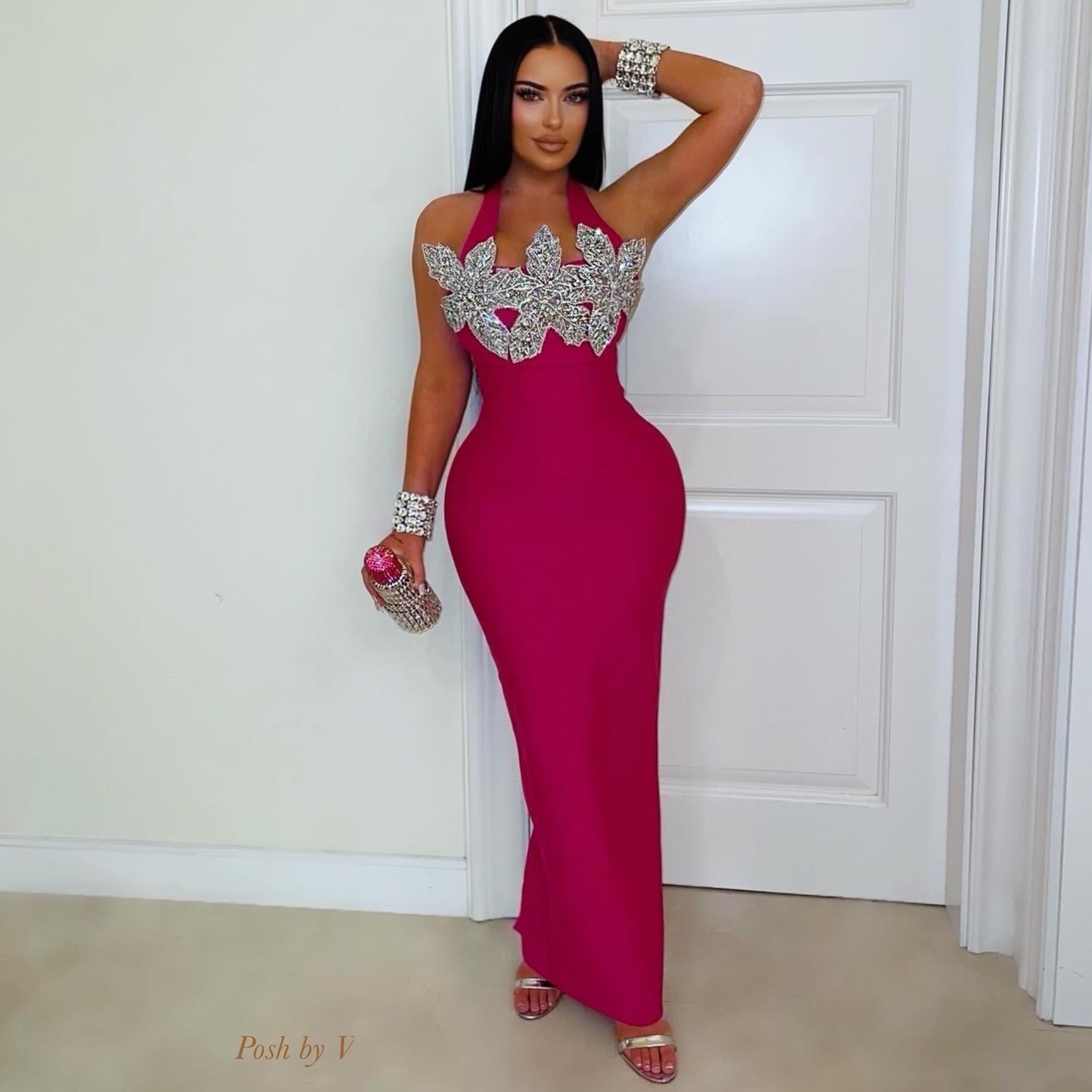 Kiola crystal bandage dress (Pink/silver)