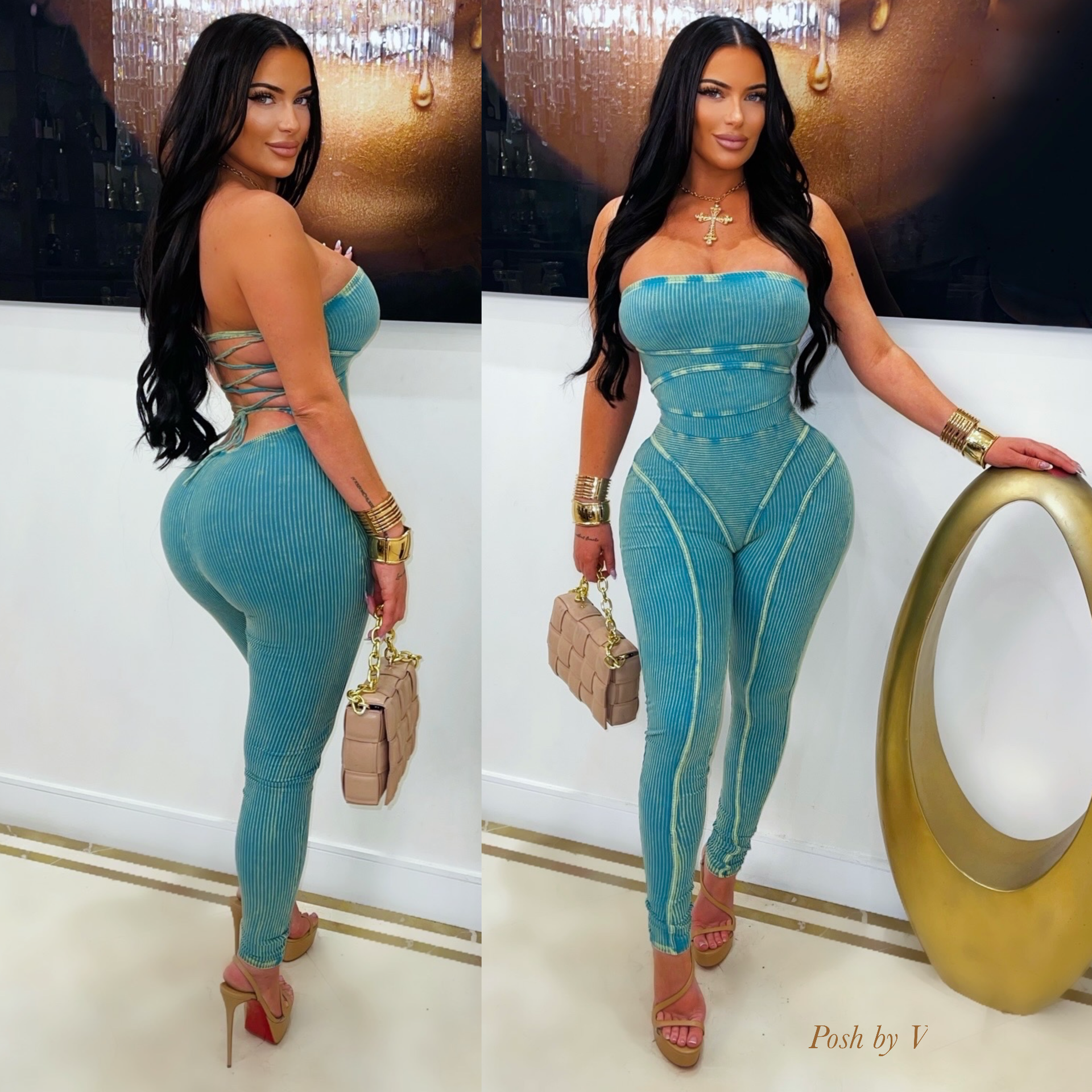 Palin rib laced jumpsuit (Aqua)