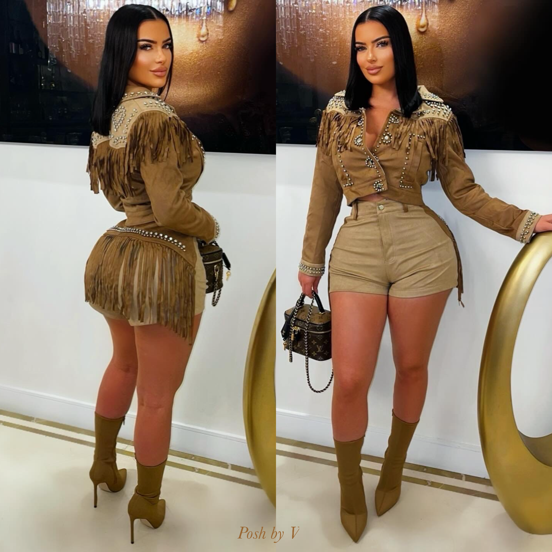 Western fringe jacket set (Brown/nude)