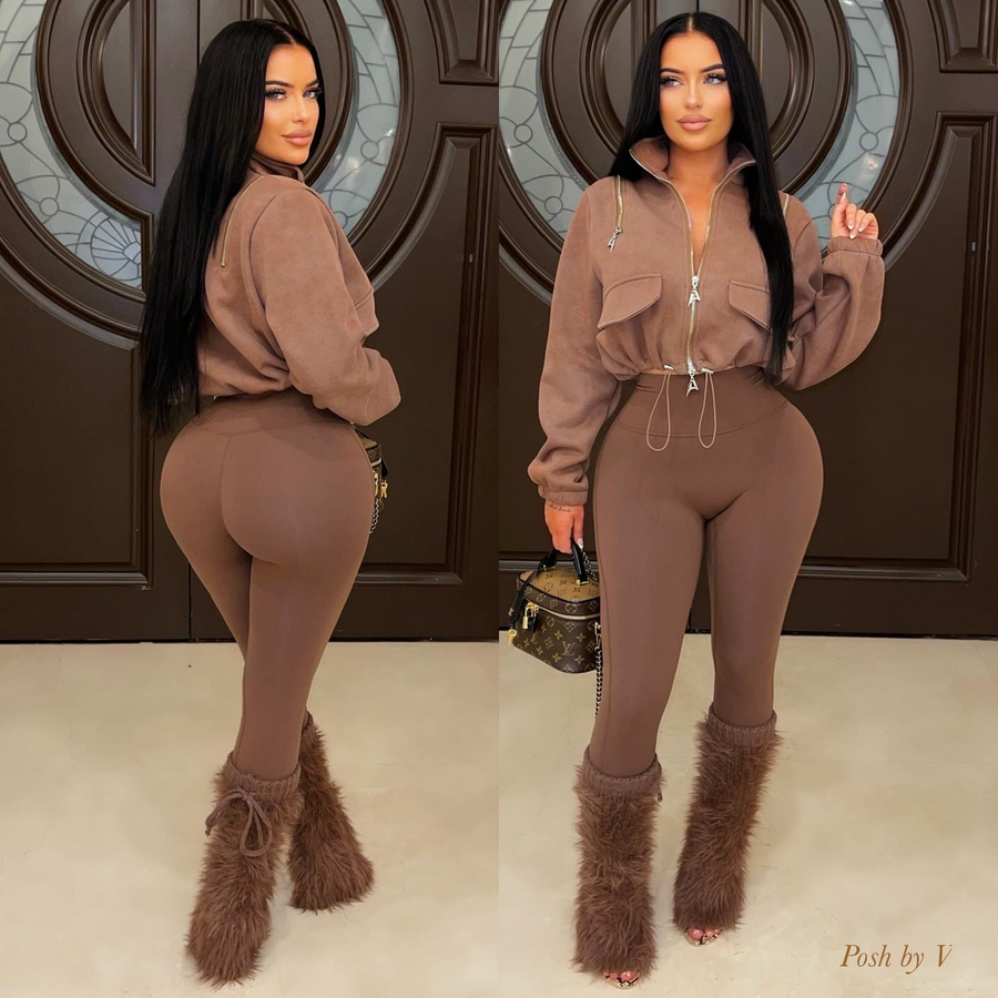 Gigi zipped leggings set (Brown)