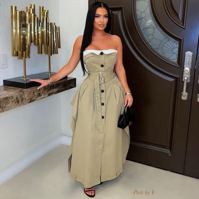 Azalle belted maxi dress (Khaki/white)