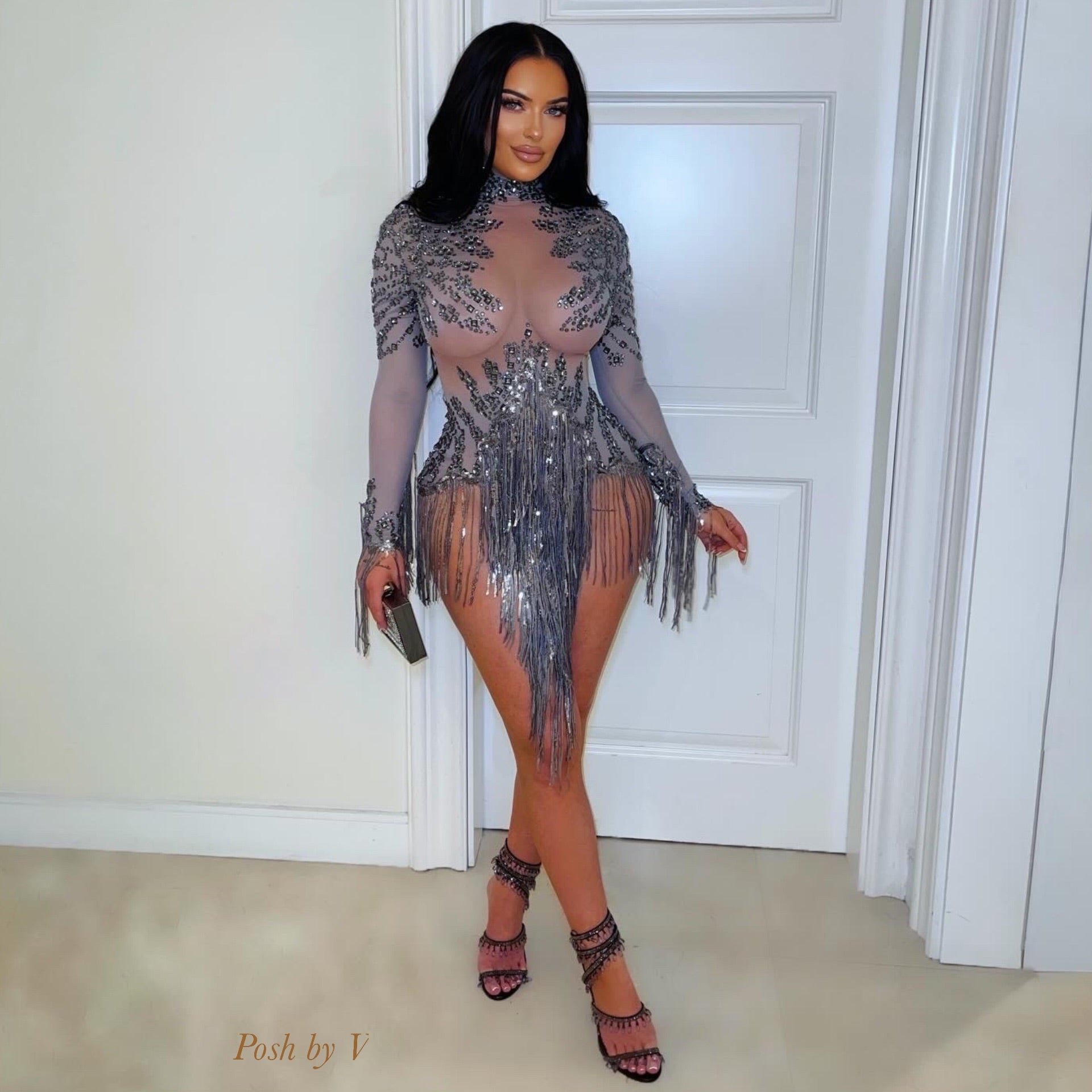Vogue crystal fringe mini dress (Grey)