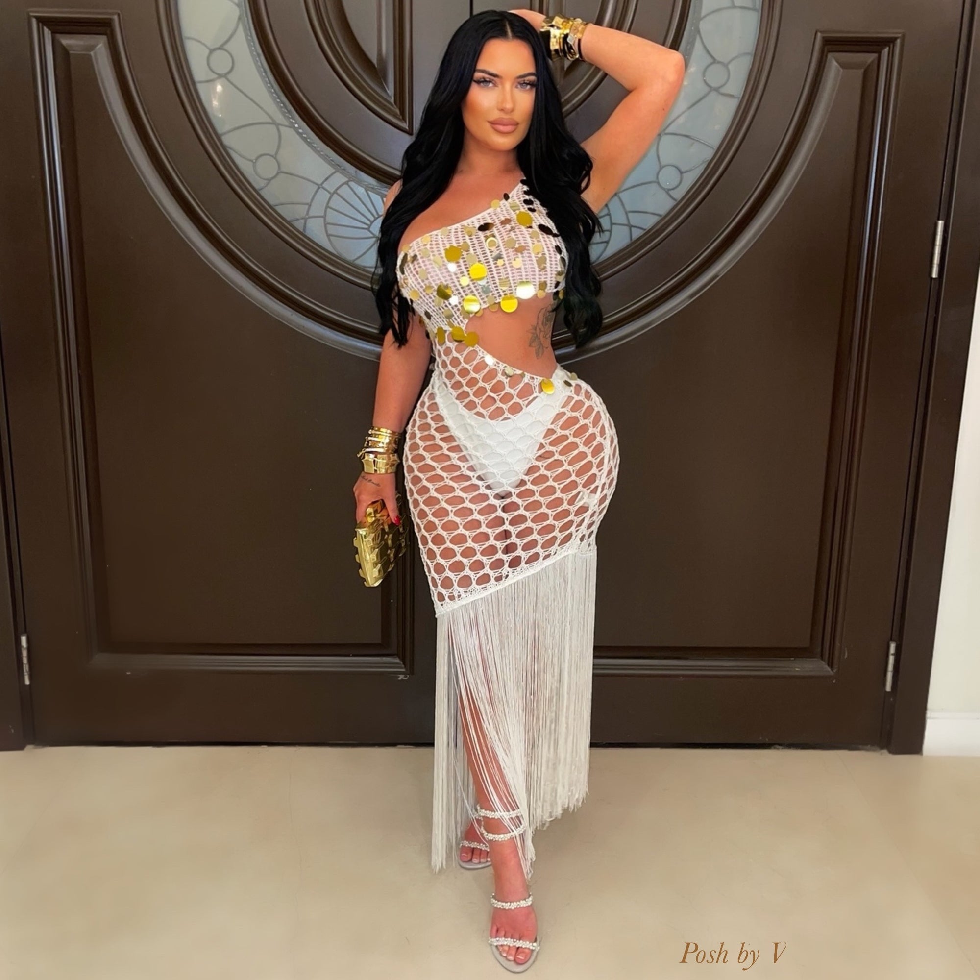 Tulum crochet fringe dress (White/gold)