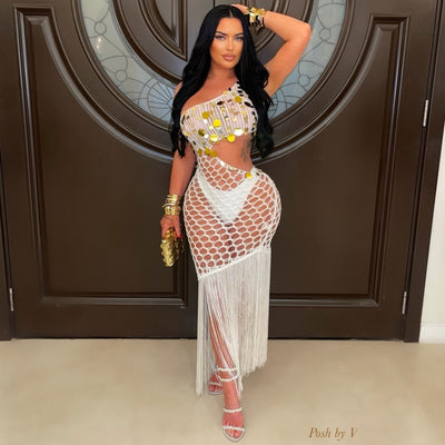 Tulum crochet fringe dress (White/gold)