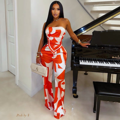 Veloz palazzo pants set (Orange/ivory)