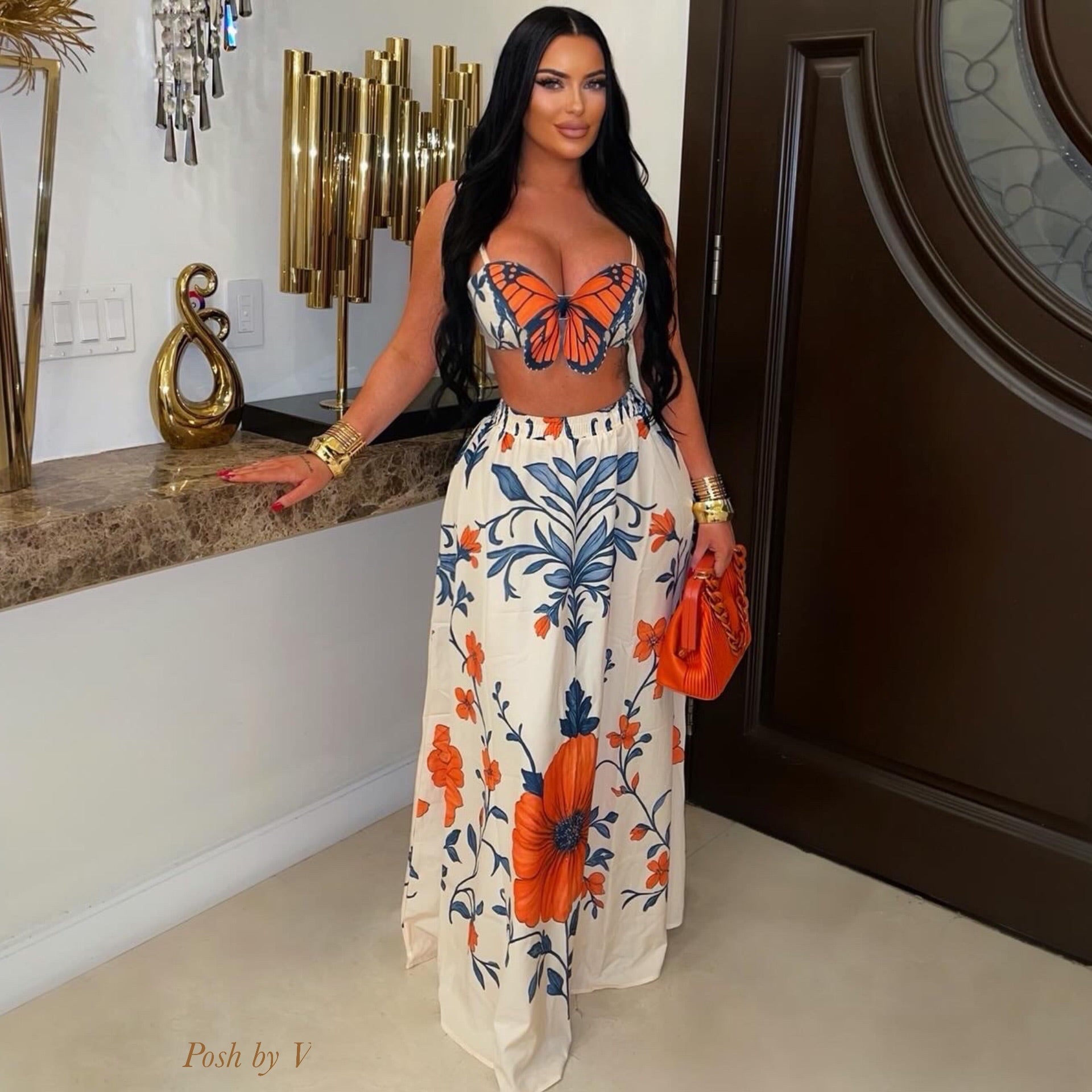 Butterfly maxi skirt set (Orange multi)