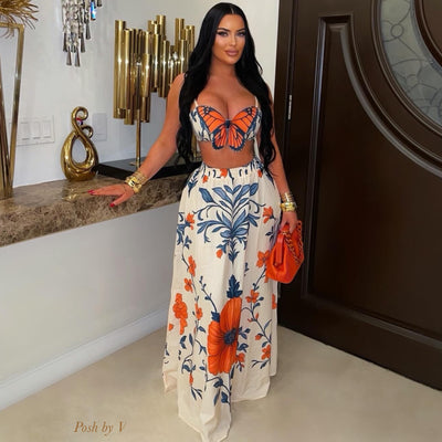 Butterfly maxi skirt set (Orange multi)