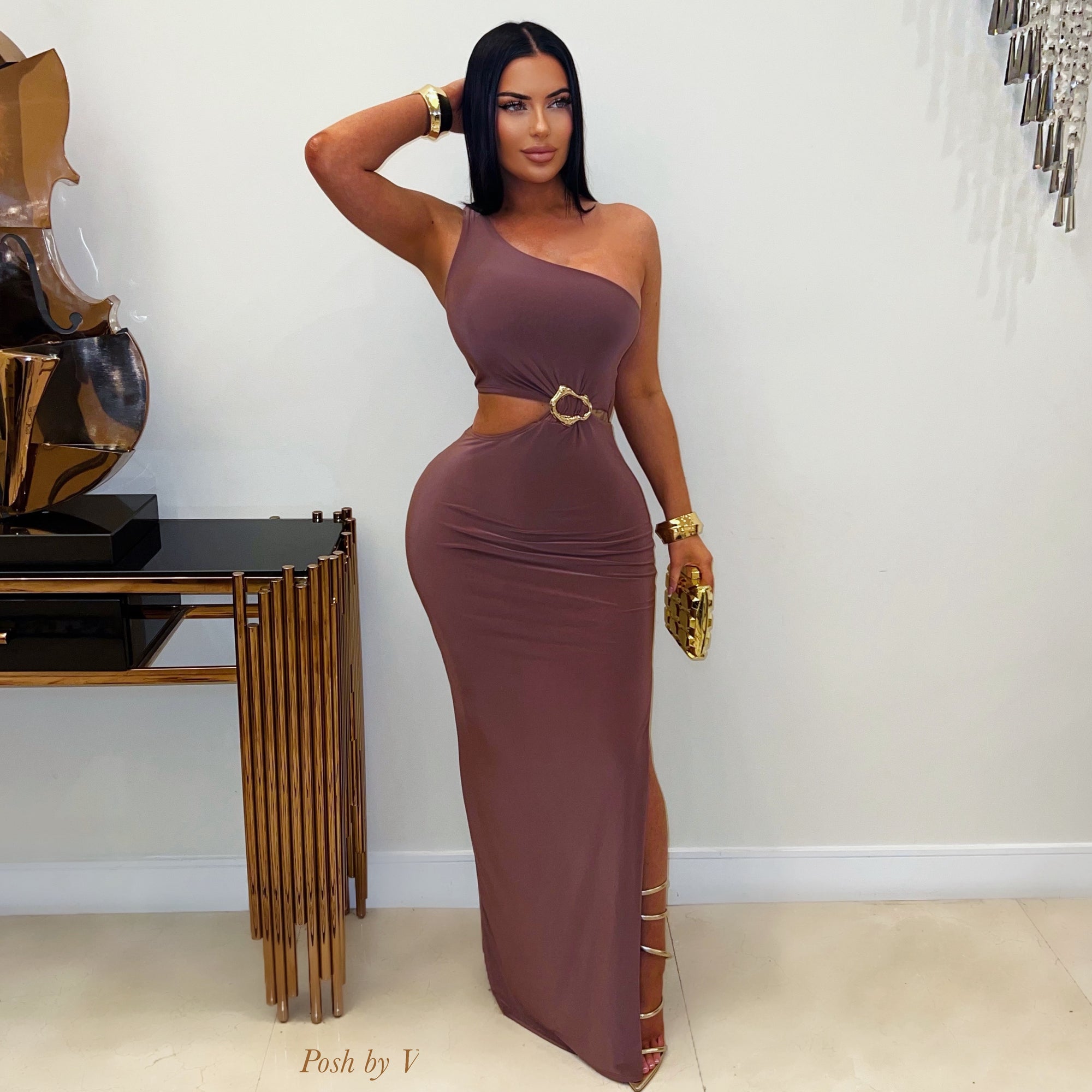 green emerald velvet dress Rafine maxi dress (Mocha/gold)